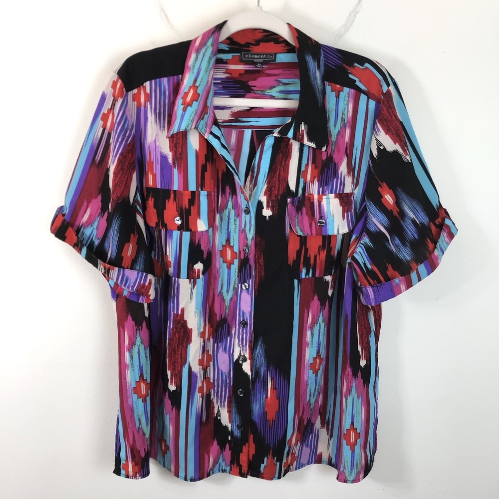 Elementz Abstract Art Women's Button-Up Short Sleeve Blouse 3X Multicolored